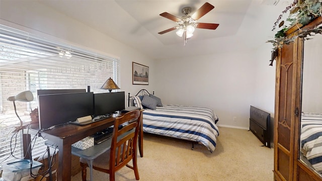 1351 Porter Ct, Granbury, TX 76048 - bedroom with baseboards, light carpet, ceiling fan, and a raised ceiling