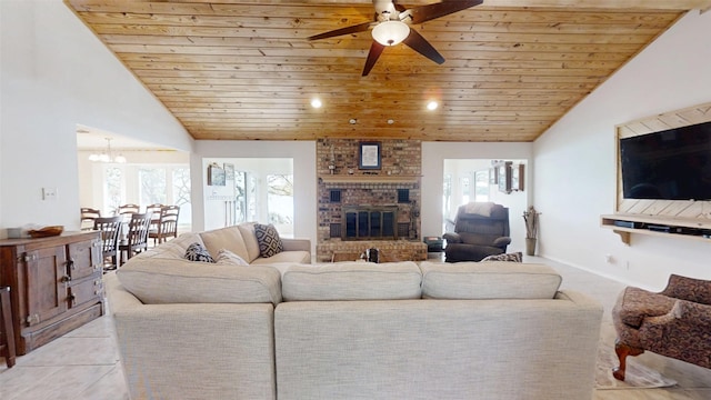 1351 Porter Ct, Granbury, TX 76048 - living area with vaulted ceiling, ceiling fan with notable chandelier, a brick fireplace, wooden ceiling, and light tile patterned floors