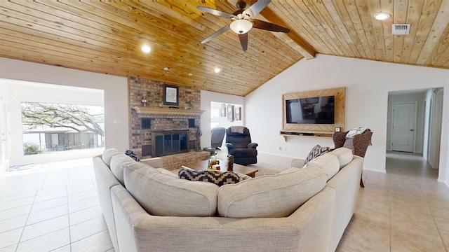1351 Porter Ct, Granbury, TX 76048 - living room with visible vents, vaulted ceiling with beams, wooden ceiling, a brick fireplace, and ceiling fan