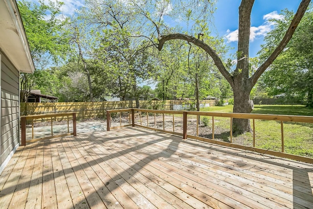 wooden terrace featuring a yard and a fenced backyard