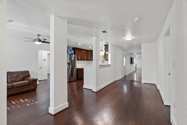1413 S Waverly Dr, Dallas, TX 75208 - living area with baseboards, visible vents, recessed lighting, ceiling fan, and dark wood-type flooring