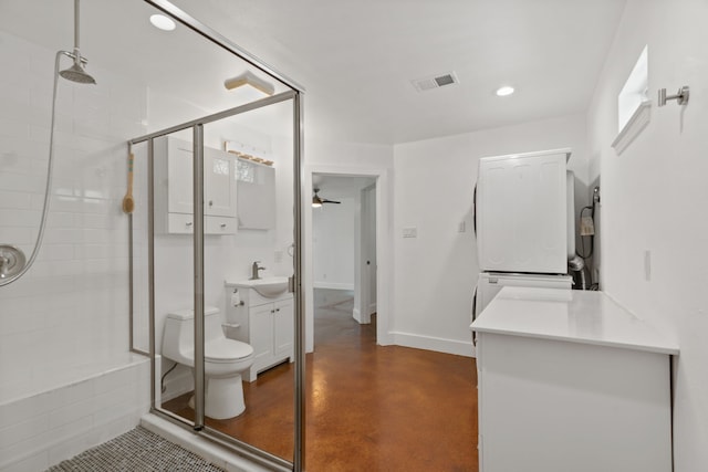 1413 S Waverly Dr, Dallas, TX 75208 - bathroom with vanity, visible vents, a shower stall, and finished concrete flooring