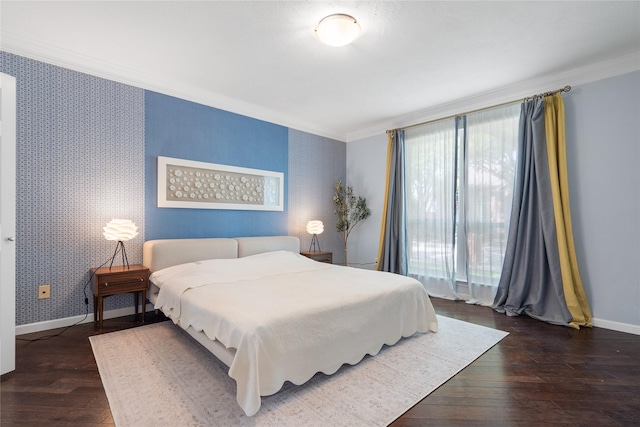 18815 Park Grove Ln, Dallas, TX 75287 - bedroom with ornamental molding, wallpapered walls, baseboards, and wood finished floors