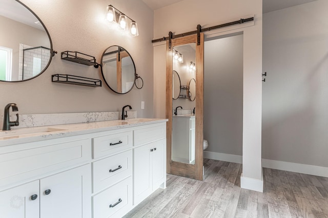 bathroom with wood finished floors, a sink, double vanity, and toilet