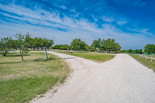 view of home's community with a lawn and curved driveway