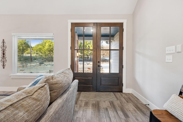 doorway featuring baseboards, french doors, wood finished floors, and a wealth of natural light
