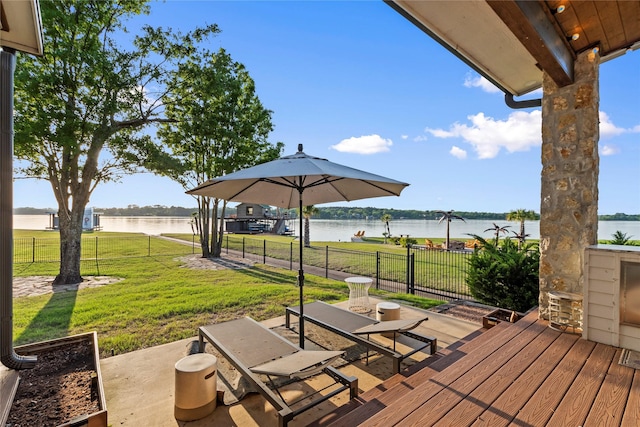 13555 Broken Arrow, Malakoff, TX 75148 - wooden deck with fence, a patio, a yard, and a water view
