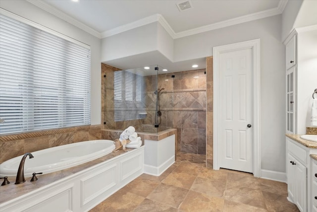 bathroom with a bath, walk in shower, vanity, and crown molding