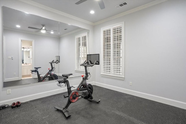 workout room with ceiling fan, baseboards, crown molding, and recessed lighting