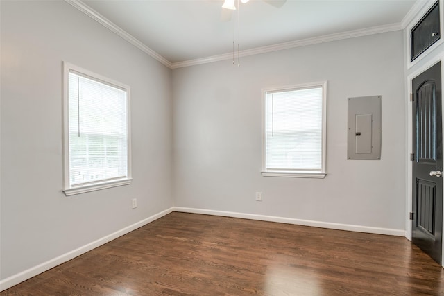 unfurnished room with dark wood finished floors, electric panel, baseboards, and ornamental molding