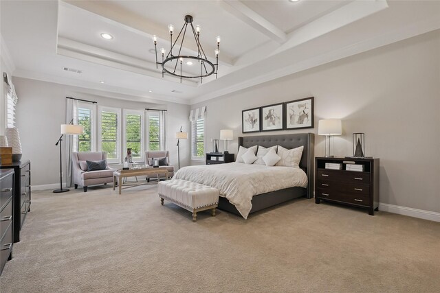 bedroom with light carpet, baseboards, recessed lighting, and a chandelier