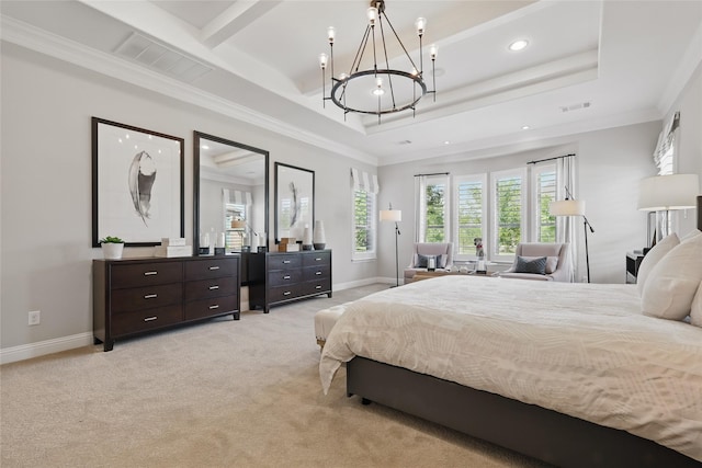 bedroom featuring light carpet, baseboards, visible vents, and a notable chandelier