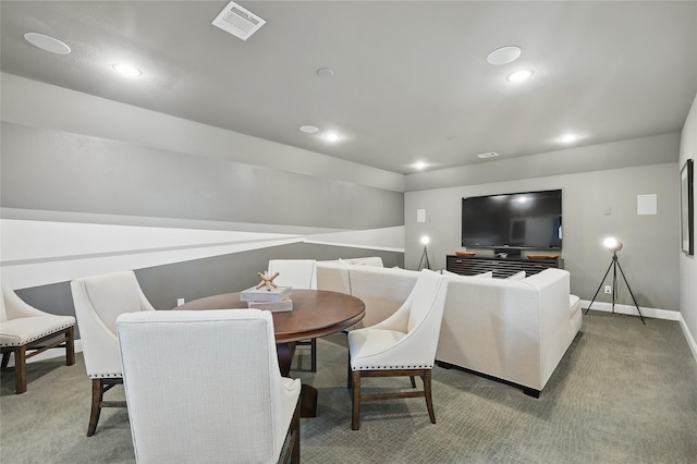 dining area featuring baseboards, light carpet, visible vents, and recessed lighting