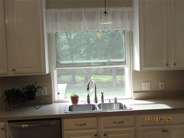 2709 Lakeside Dr, Burleson, TX 76028 - kitchen featuring stainless steel dishwasher, white cabinetry, and a sink