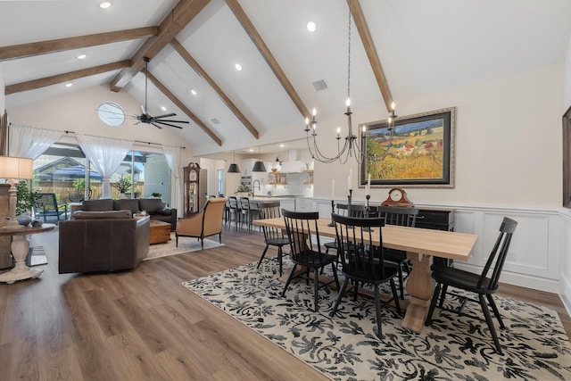 1236 Monterra Way, Fate, TX 75087 - dining room featuring wood finished floors, beamed ceiling, ceiling fan, a chandelier, and recessed lighting