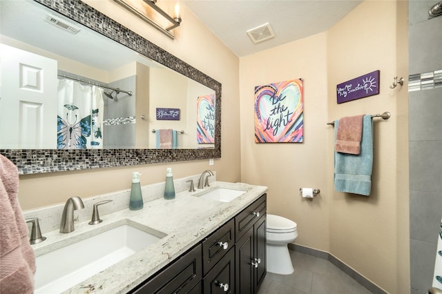 7612 Trevino Dr, Plano, TX 75025 - full bathroom featuring tile patterned floors, baseboards, toilet, double vanity, and a shower with curtain