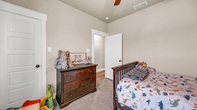 201 Dover Ct, Weatherford, TX 76087 - bedroom featuring carpet, visible vents, and a ceiling fan