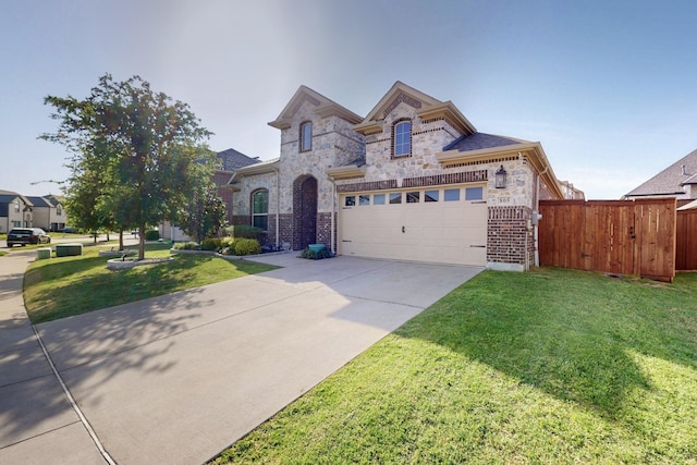 french country inspired facade featuring fence, concrete driveway, stone siding, brick siding, and a front yard