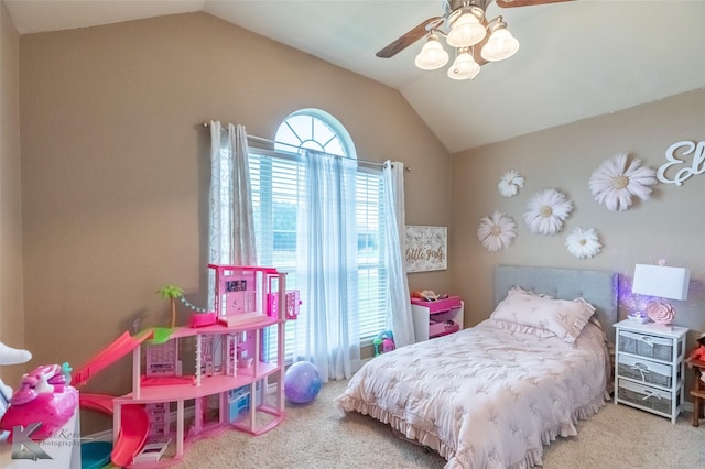 4910 Coyote Run, Abilene, TX 79602 - bedroom featuring vaulted ceiling, carpet flooring, and a ceiling fan