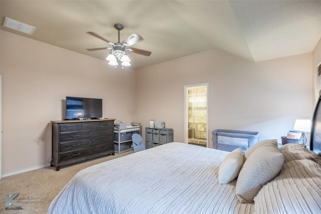 4910 Coyote Run, Abilene, TX 79602 - bedroom with light colored carpet, vaulted ceiling, baseboards, a ceiling fan, and connected bathroom