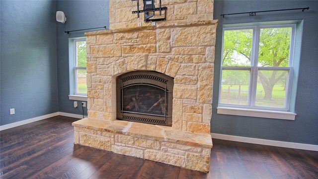 interior details featuring baseboards, wood finished floors, and a stone fireplace