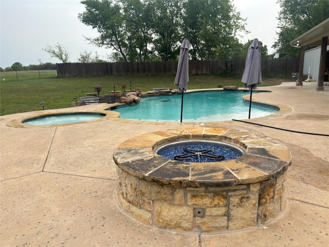 view of pool featuring an outdoor fire pit, a fenced backyard, a fenced in pool, an in ground hot tub, and a yard