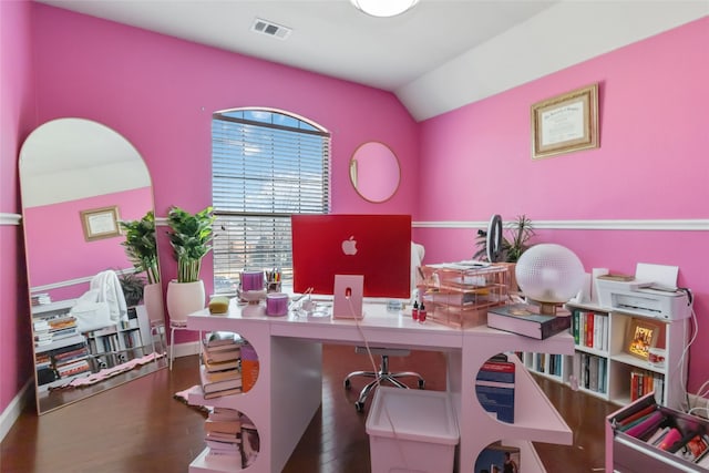 2409 Eisenhower Dr, Mckinney, TX 75071 - office area with baseboards, visible vents, wood finished floors, and lofted ceiling