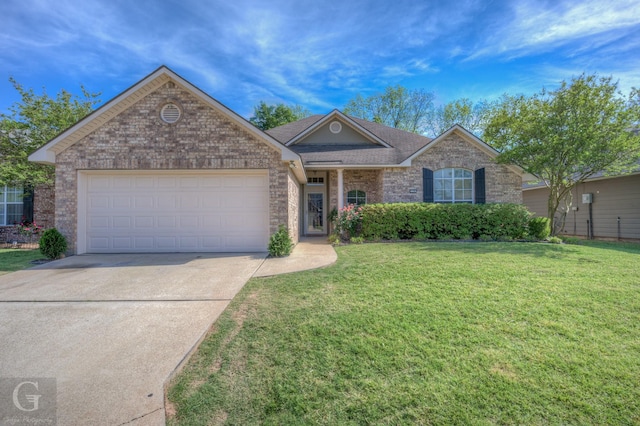 single story home featuring a front lawn, roof with shingles, an attached garage, driveway, and brick siding