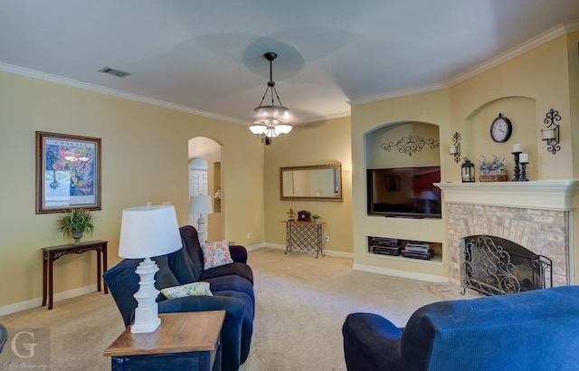 carpeted living room with arched walkways, baseboards, visible vents, crown molding, and a fireplace