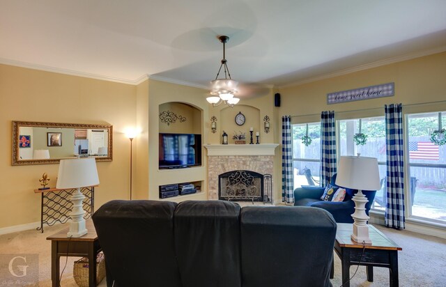 carpeted living room with a stone fireplace, baseboards, and ornamental molding
