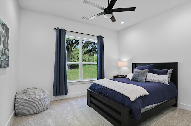 8919 Southern Shore Ct, Kemp, TX 75143 - carpeted bedroom with ceiling fan, baseboards, visible vents, and recessed lighting