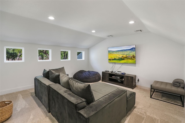 8919 Southern Shore Ct, Kemp, TX 75143 - carpeted living room with recessed lighting, lofted ceiling, visible vents, and baseboards