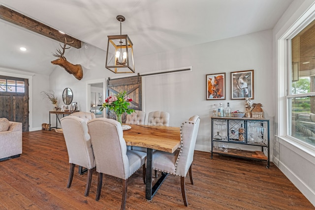 dining space with baseboards, wood finished floors, vaulted ceiling with beams, and an inviting chandelier