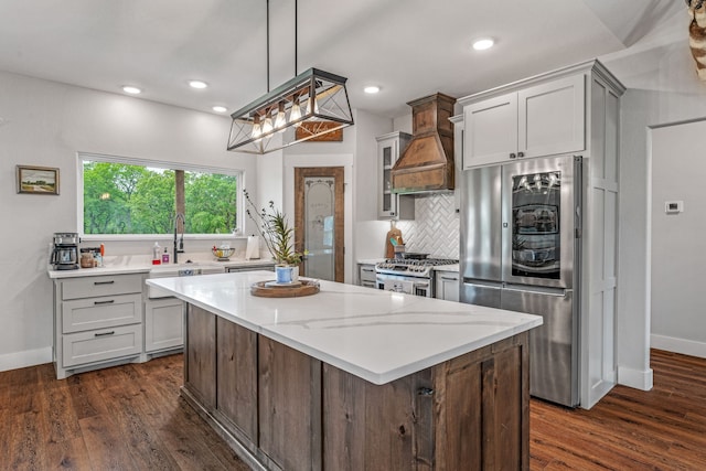 kitchen with baseboards, tasteful backsplash, appliances with stainless steel finishes, custom exhaust hood, and dark wood-style flooring