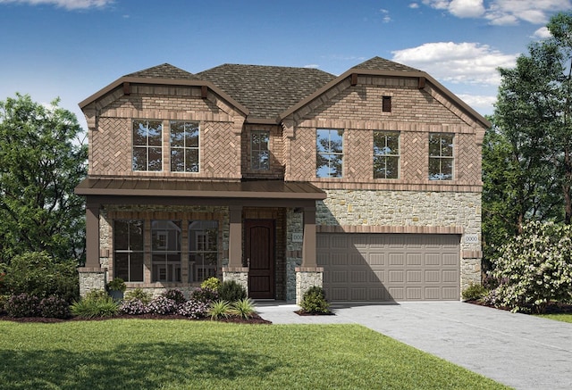view of front of house with concrete driveway, a front lawn, stone siding, an attached garage, and metal roof
