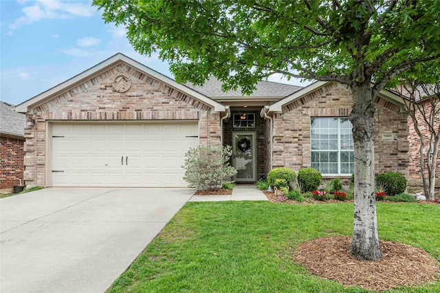 ranch-style house with roof with shingles, brick siding, a front lawn, concrete driveway, and an attached garage