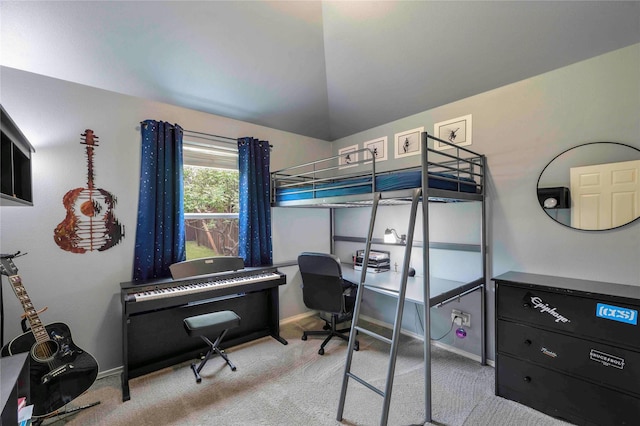 bedroom featuring baseboards, carpet, and lofted ceiling