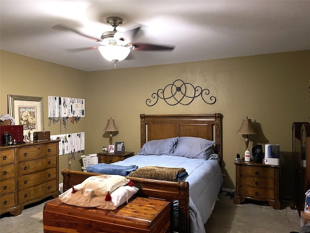 bedroom featuring light colored carpet and ceiling fan