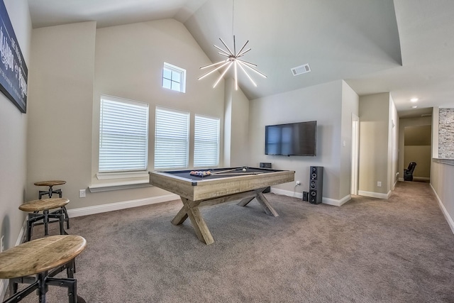 game room featuring visible vents, carpet floors, baseboards, high vaulted ceiling, and billiards