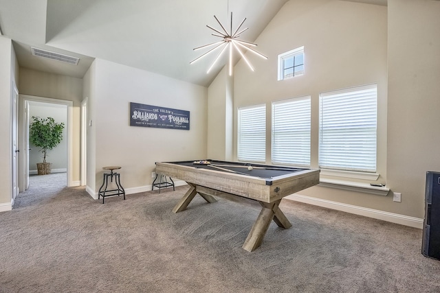 game room with visible vents, baseboards, high vaulted ceiling, billiards, and carpet