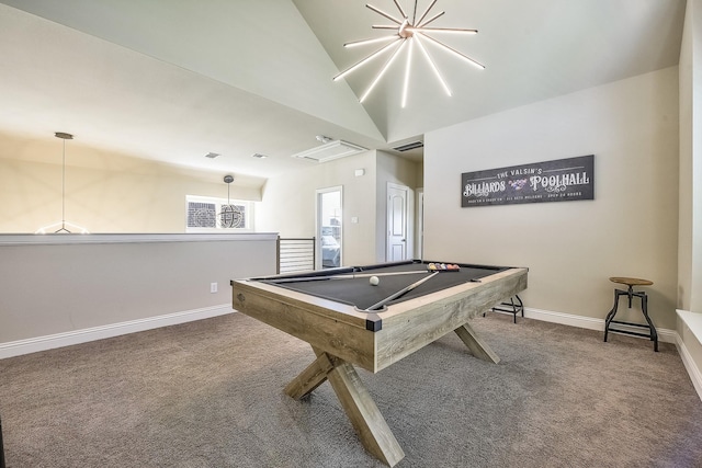 rec room with carpet floors, baseboards, billiards, and visible vents