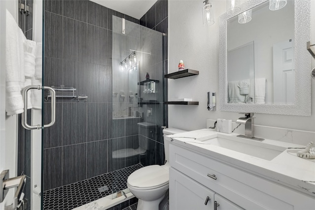 bathroom with toilet, vanity, and a stall shower