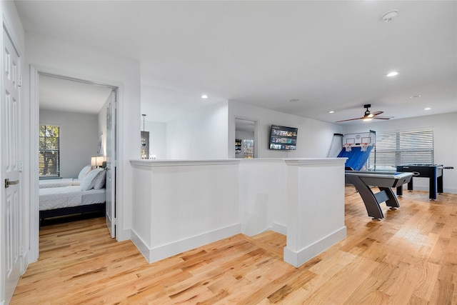 bar with light wood-style flooring, baseboards, recessed lighting, and ceiling fan