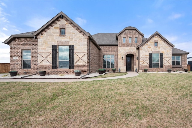 351 Evening Fire Dr, Waxahachie, TX 75167 - french country style house with brick siding, stone siding, a shingled roof, and a front lawn