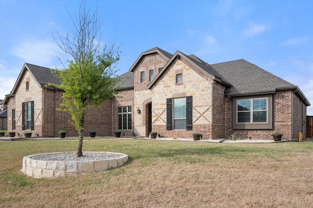 351 Evening Fire Dr, Waxahachie, TX 75167 - view of front of house featuring stone siding, a shingled roof, a front lawn, and brick siding