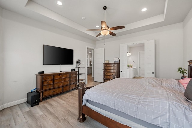351 Evening Fire Dr, Waxahachie, TX 75167 - bedroom with recessed lighting, a raised ceiling, wood finished floors, a ceiling fan, and baseboards
