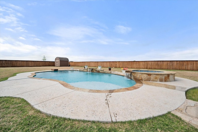 351 Evening Fire Dr, Waxahachie, TX 75167 - view of pool with a shed, a fenced backyard, an outbuilding, a patio, and a pool with connected hot tub