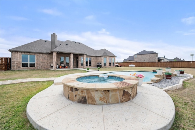 351 Evening Fire Dr, Waxahachie, TX 75167 - view of swimming pool with a fenced in pool, a fenced backyard, a yard, an in ground hot tub, and a patio