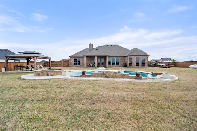 351 Evening Fire Dr, Waxahachie, TX 75167 - view of swimming pool featuring a fenced in pool, a fenced backyard, a gazebo, a lawn, and an in ground hot tub