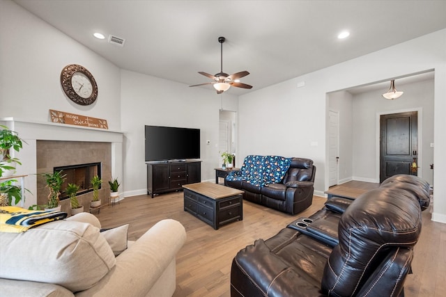 351 Evening Fire Dr, Waxahachie, TX 75167 - living room with recessed lighting, light wood-type flooring, visible vents, and a ceiling fan
